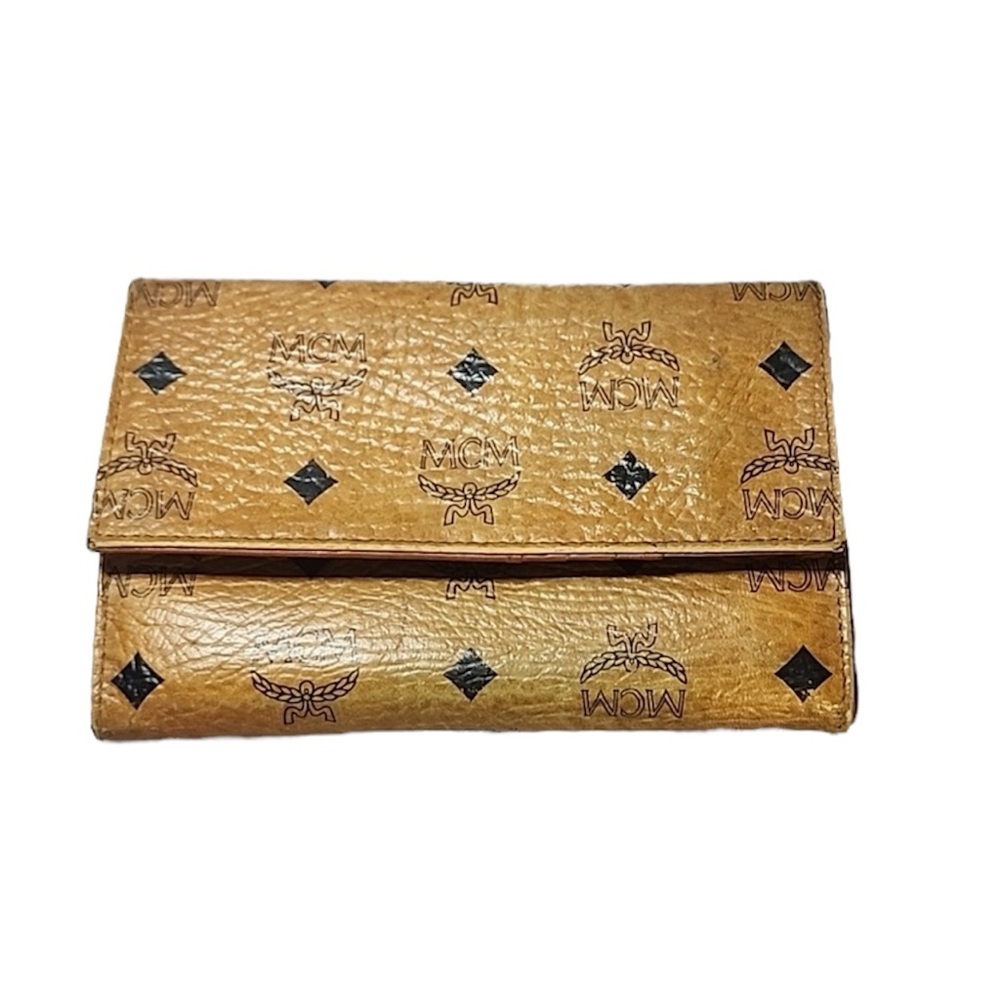 MCM Cognac Brown Tan Black Monogram Front Flap Snap Kisslock Long Wallet